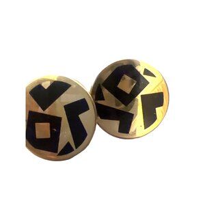 Vintage Avon Black Gold Tone Button Clip On Eighties Mob Wife Statement Earrings